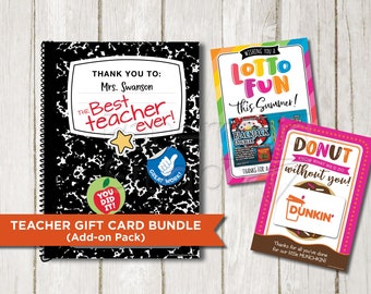May include: A digital download bundle of teacher appreciation gift cards. The cards feature a variety of designs, including a notebook with the text "The Best Teacher Ever!" and a donut with the text "Donut know what we'd do without you!"