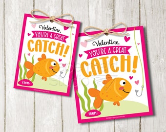 May include: Two pink and white Valentine's Day gift tags with a cartoon goldfish and the text "Valentine, you're a great catch!"