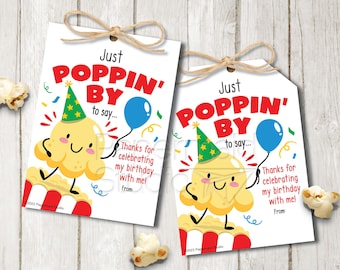Popcorn Birthday Party Tag - Popcorn Thank You Gift Tag - Thanks for Poppin By My Birthday - Birthday Movie Popcorn Party Favor Card