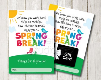 Teacher Spring Break Card - Daycare Easter Break Gift Card Holder Printable - Staff Spring Break Gift - PTO PTA Spring Break Card