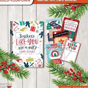 Livro de cartões de presente de Natal do professor Pacote imprimível - Conjunto de porta-cartões de presente do professor de Natal - Presente de agradecimento do professor de férias