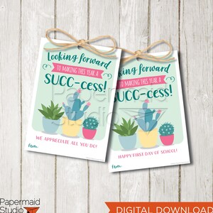 Cadeau de rentrée scolaire pour enseignant - étiquette succulente imprimable - carte de remerciement enseignant - étiquette cadeau premier jour d'école - étiquette plante - étiquette cadeau PTO PTA