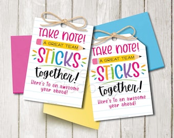 Back to School Tag Printable - First Day Of School Sticky Note Gift Tag - Teacher Gift Tag - Welcome Back Staff - Great Team Sticks Together