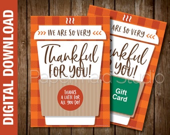 PRINTABLE Thanksgiving Coffee Gift Card Holder - Teacher Thanksgiving Card - Thanksgiving Thank You Card - Thanks a Latte - We are thankful