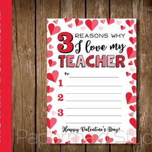 PRINTABLE Teacher Valentine's Day Card -- Remplissez la carte vierge de la Saint-Valentin pour l'enseignant - 3 raisons pour lesquelles j'aime mon professeur