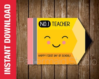 PRINTABLE Back to School Teacher Card - First Day of School Teacher Gift Card Holder - Pencil Thank You -Teacher Appreciation Card