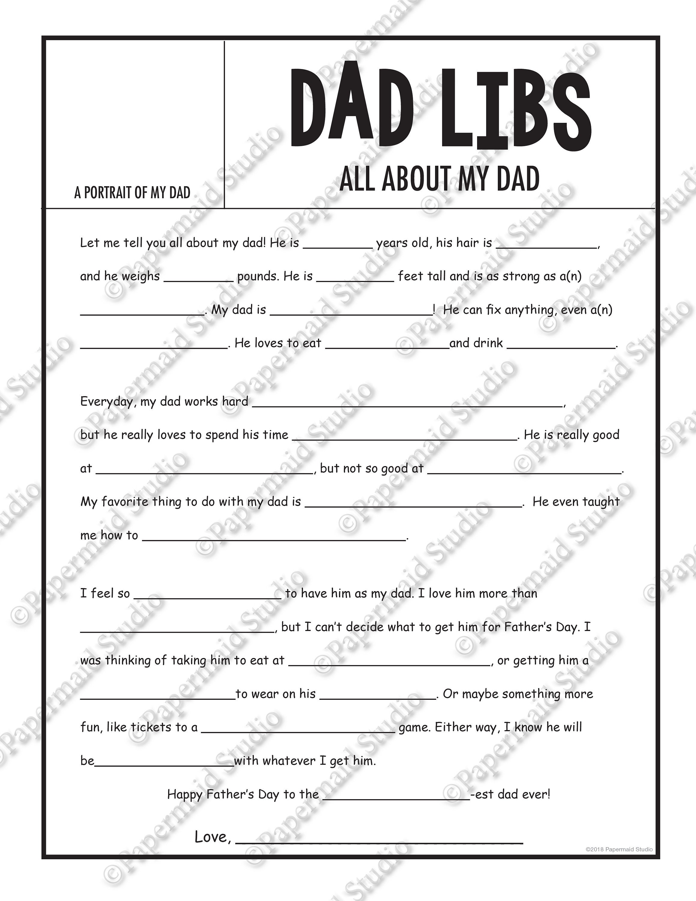 PRINTABLE All About My Dad Fill In The Blank Gift Funny Etsy