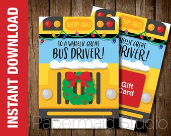 PRINTABLE Bus Driver Christmas Card Thank You -- Printable Bus Driver Gift Card Holder -- Happy Holidays Merry Christmas Bus Driver Card