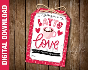 PRINTABLE Valentine's Day Coffee Gift Tag - Thanks a Latte Teacher Valentine Card - Coffee Valentines Tag for Staff, Coworker, Friend