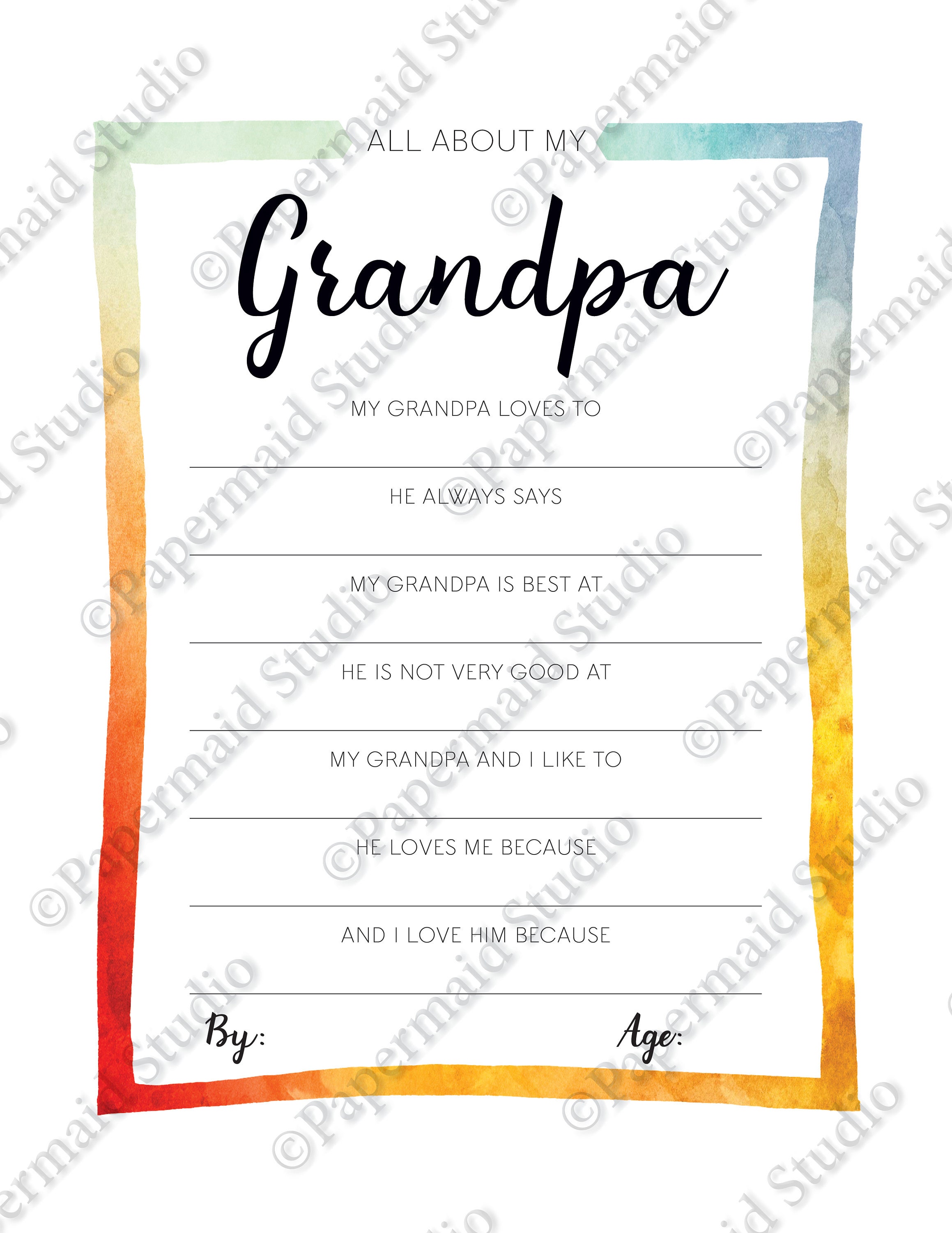 PRINTABLE Grandpa Watercolor Fill in the Blank Picture Grandpa Etsy
