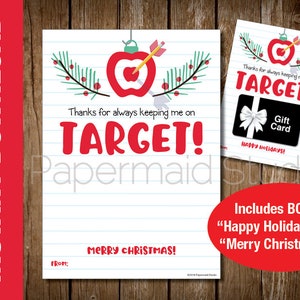 DRUCKBARE Lehrer auf Ziel Weihnachtsgeschenkkartenhalter - Dankeschön-Anerkennungskarte - Pfeil Bullseye Apple - Virtuelle Lehrerkarte