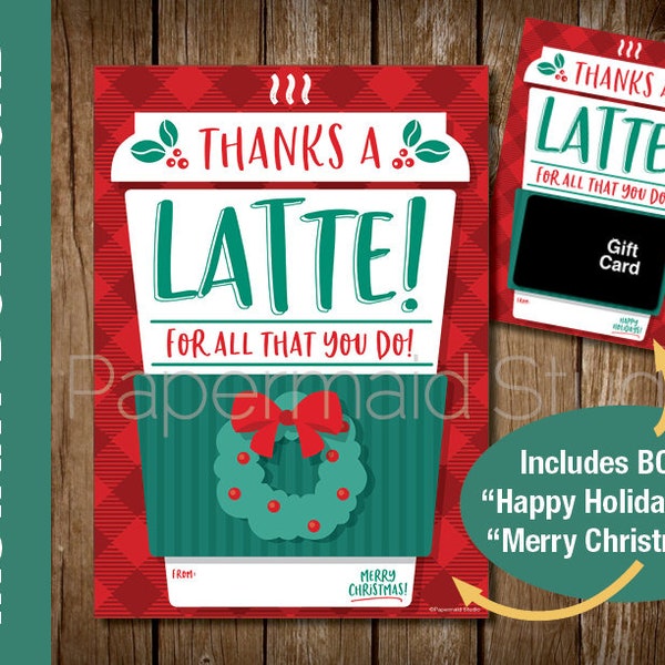 Thanks a Latte Christmas Coffee Gift Card Holder Printable - Teacher Thank You - Staff Appreciation - Employee Staff Client Boss PTO PTA
