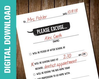 School Absence Note Printable Excuse Note for School - Etsy
