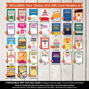 May include: A printable PDF file with 6 gift card holders. The file includes 31 different designs for gift cards, each with a unique illustration and text. The designs include categories such as coffee, food, beauty, and more.