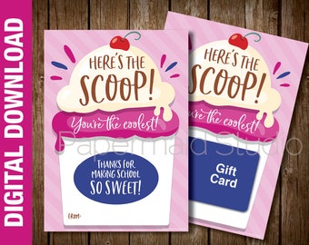 PRINTABLE Teacher Ice Cream Gift Card Holder - Teacher Appreciation Week Thank You Card - Staff PTO PTA - Froyo Frozen Custard - End of Year