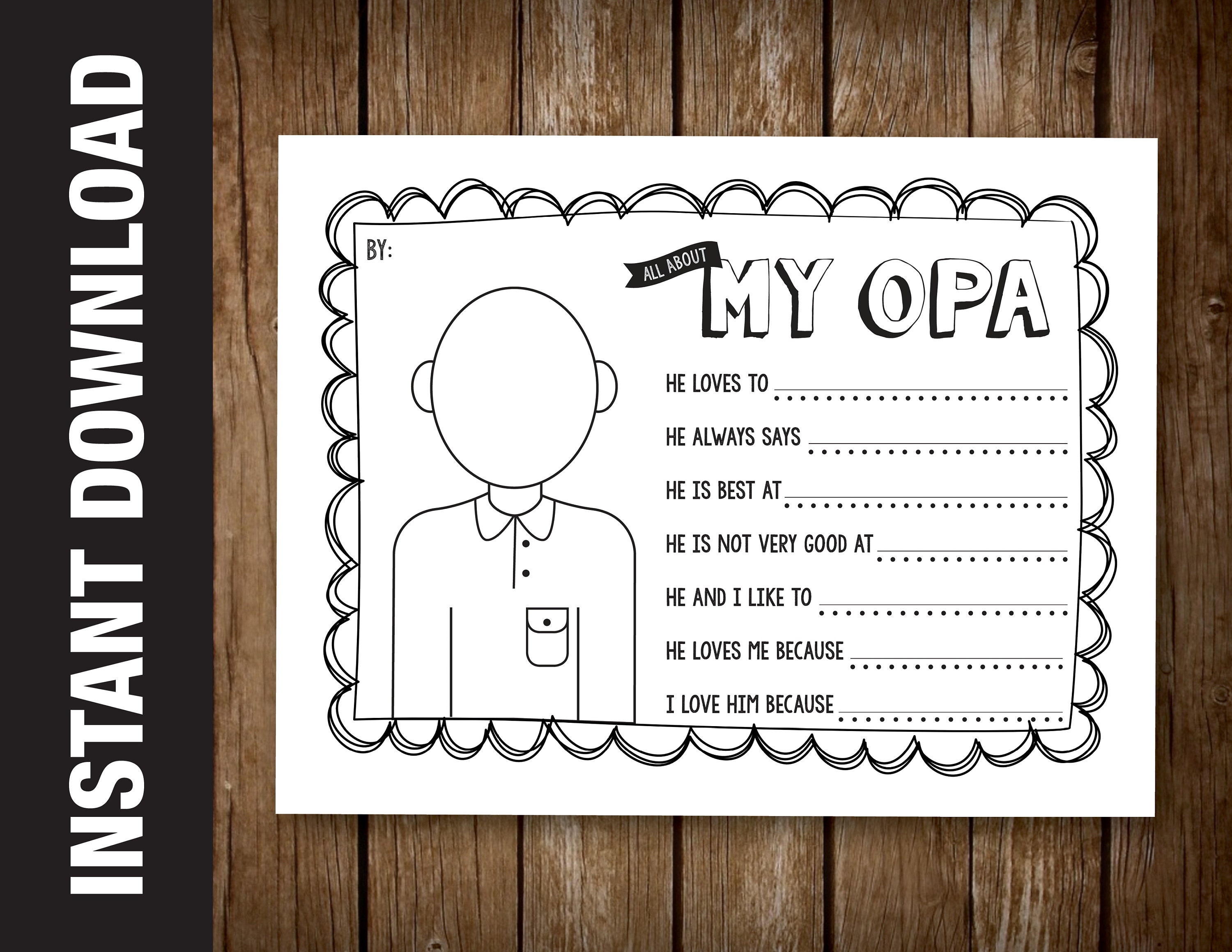 PRINTABLE Opa Portrait Coloring Sheet and Questionnaire Gift / | Etsy