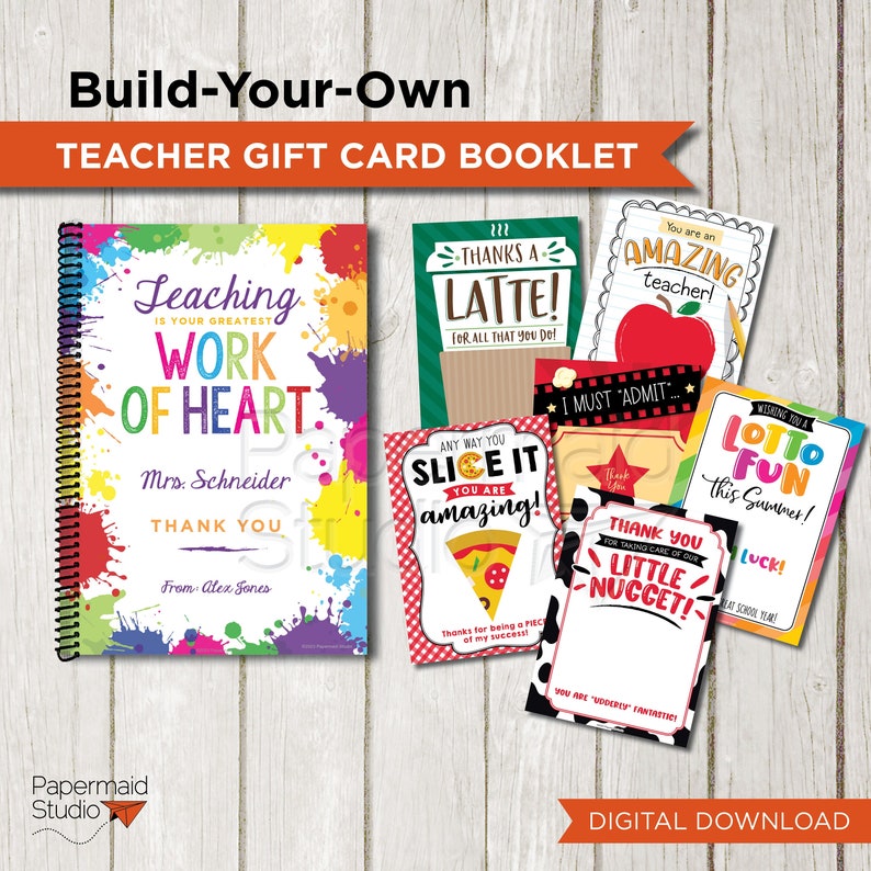 Teacher Gift Card Book Printable Teacher Gift Card Holder Set Teacher Appreciation Gift End of Year Teacher Gift Card Build Your Own image 1