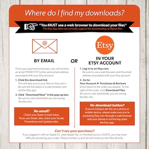 May include: A graphic with instructions on how to find digital downloads on Etsy.com. The graphic features an email icon, the Etsy logo, and text explaining how to access downloads through email or the Etsy account.