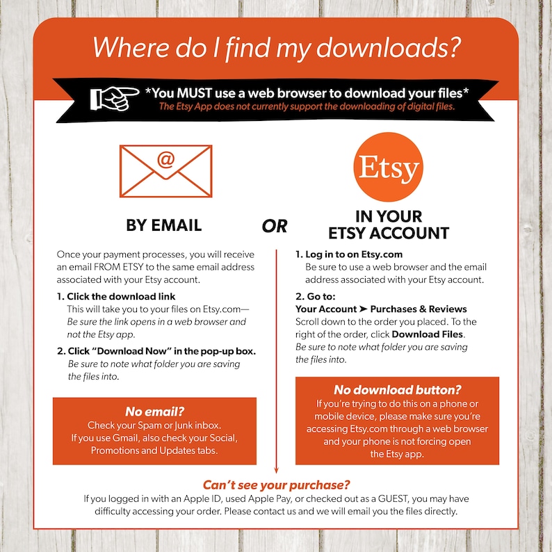 May include: A graphic with instructions on how to find digital downloads on Etsy.com. The graphic features an email icon, the Etsy logo, and text explaining how to access downloads through email or the Etsy account.