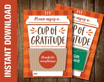 PRINTABLE Thanksgiving Coffee Gift Card Holder - Teacher Staff Customer Boss Employee Thank You Card - Thanks a Latte - Cup of Gratitude