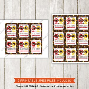 May include: Printable thank you tags with a brown background and colorful polka dots. The tags feature a red and yellow M&M logo and the text "Thank you for driving Miles & Miles for our students!"