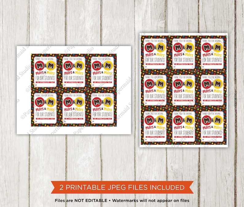 May include: Printable thank you tags with a brown background and colorful polka dots. The tags feature a red and yellow M&M logo and the text "Thank you for driving Miles & Miles for our students!"