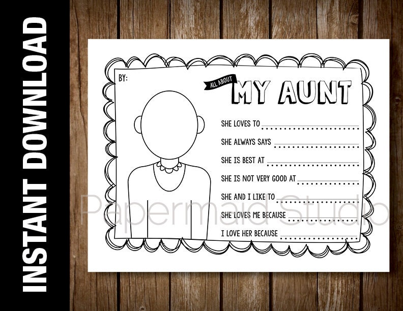 PRINTABLE Aunt Portrait Coloring Sheet and Questionnaire Gift Etsy
