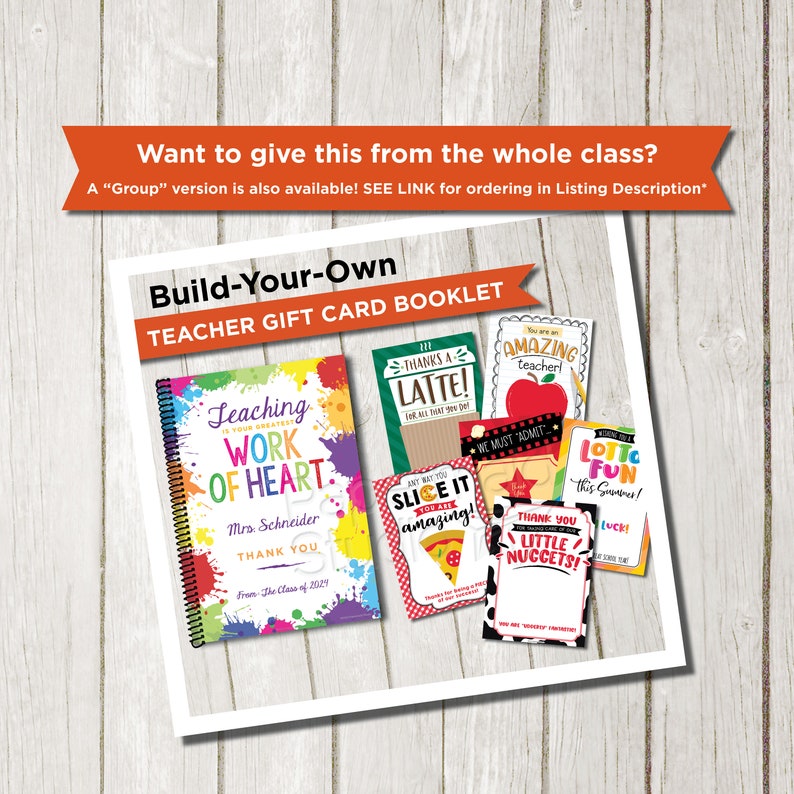 May include: A colorful booklet with a variety of teacher appreciation cards. The cards feature different designs and messages, including "Teaching is your greatest work of heart", "Thanks a Latte", "Slice it you are amazing", "We must admit you are an amazing teacher", "Thank you little nuggets", and "Lotto Fun this summer!"