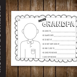 Hoja para colorear de retrato de abuelo IMPRIMIBLE y regalo / tarjeta de cuestionario "Todo sobre mi abuelo"
