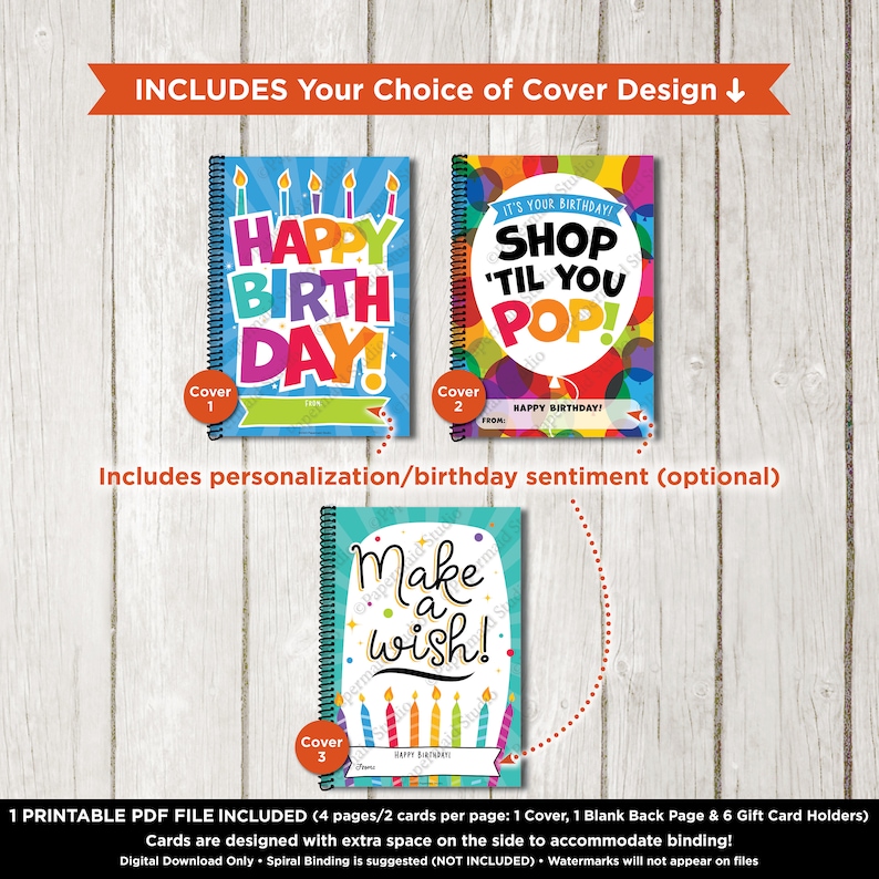 May include: Three printable PDF covers for a birthday card booklet. The covers feature colorful designs with the text "Happy Birthday", "Shop 'Til You Pop!" and "Make a Wish!"