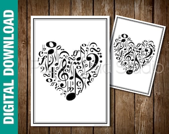 May include: Printable digital download of a black and white heart shape made of musical notes. The heart is centered on a white background.