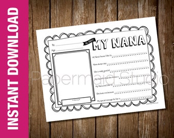 PRINTABLE All About My Nana Mother's Day Gift - Nana Birthday Coloring Sheet and Questionnaire - Preschool Kindergarten Nana Card