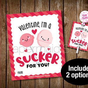 PRINTABLE Valentine&#39;s Day Lollipop Sucker Tag - Valentine I&#39;m a Sucker for You Label- Valentines Day Teacher Gift Pop Dum Label