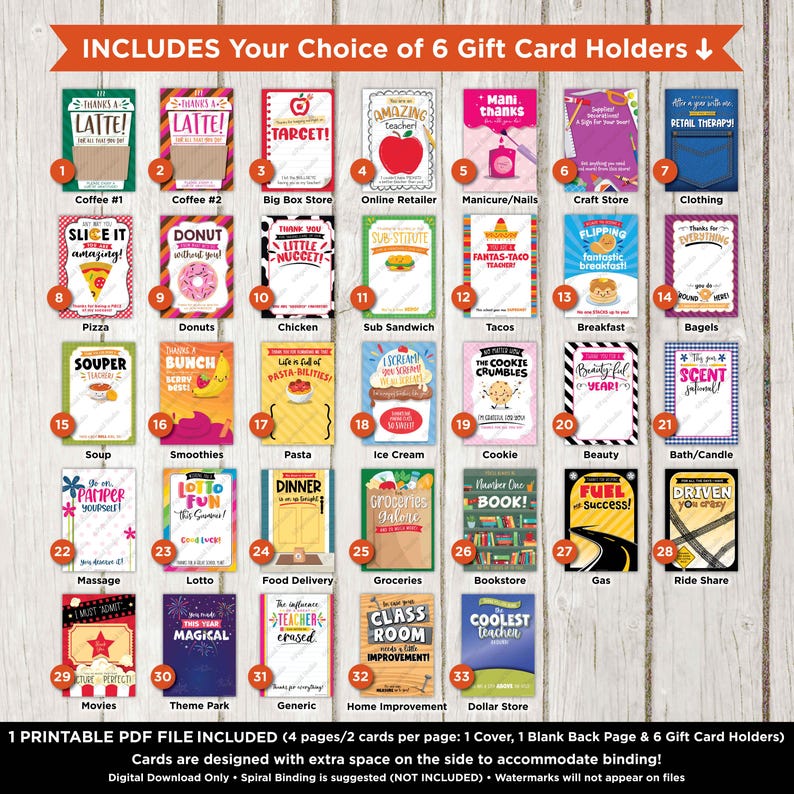 May include: Printable gift card holder templates for teachers. The colorful cards feature various themes, including coffee, donuts, pizza, tacos, ice cream, and more. Each card has a space for a gift card and a fun message.