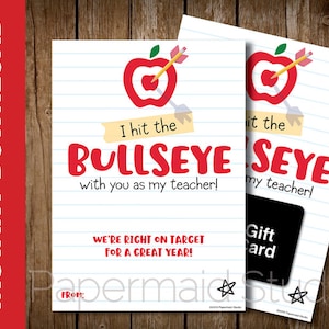 PRINTABLE Back to School Teacher Card - Apple Bullseye Target Gift Card Holder- First Day of School Teacher Card - Teacher Thank You Card