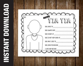 PRINTABLE Yia Yia Portrait Coloring Sheet and Questionnaire Gift / Card "All About My Yia Yia" Yia Yia Birthday Printable