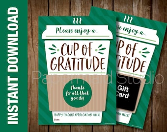 Carta della settimana di apprezzamento dell'insegnante - Titolare della carta regalo del caffè dell'insegnante stampabile - Apprezzamento del team del personale - PTO PTA HSA Grazie Grazie a Latte
