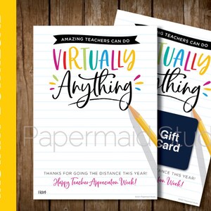 Virtual Teacher Appreciation Week Gift Card Holder Printable - Distance Learning Teacher Thank You Card - PTA PTO School Staff Appreciation