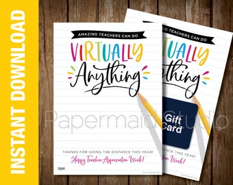 Virtual Teacher Appreciation Week Gift Card Holder Printable - Distance Learning Teacher Thank You Card - PTA PTO School Staff Appreciation