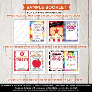 May include: Printable PDF booklet for teachers with 8.5x11 inch cards featuring colorful designs with text like "Teaching Work of Heart", "You are an Amazing Teacher!" and "Lotto Fun This Summer!" The booklet includes a cover, blank back page, and gift card holders.