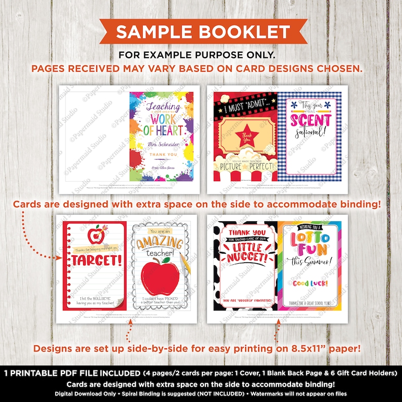 May include: Printable PDF booklet for teachers with 8.5x11 inch cards featuring colorful designs with text like "Teaching Work of Heart", "You are an Amazing Teacher!" and "Lotto Fun This Summer!" The booklet includes a cover, blank back page, and gift card holders.