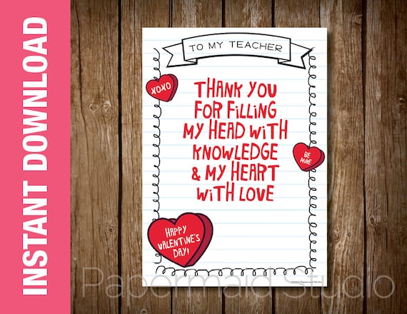 Buy PRINTABLE Teacher Valentine Card Valentine's Day Card Online in India - Etsy