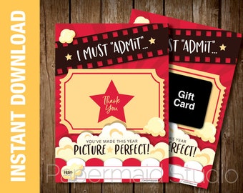 PRINTABLE Teacher Movie Gift Card Holder - Teacher Appreciation Week Card - Teacher Thank You Card - PTO PTA Staff Popcorn Theater Ticket