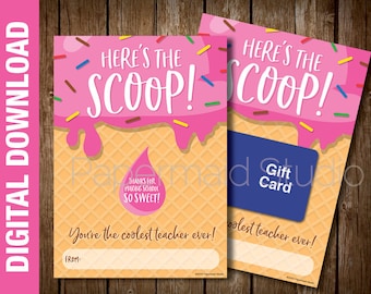 PRINTABLE Teacher Ice Cream Gift Card Holder - Teacher Appreciation Week Thank You Card - Staff PTO PTA - Froyo Frozen Custard - End of Year