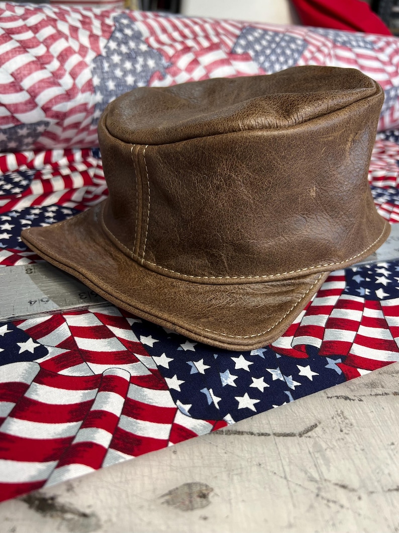 Civil War Leather Hat / brown distressed leather hat / leather cap / kepi style hat image 10