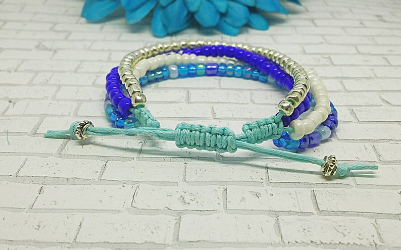Macrame Bracelet Bracelet Beaded Bracelet Blue and Silver Bracelet Seed Bead Bracelet Blue Multi strand Bracelet Layered Bracelet