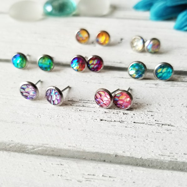 Tiny Mermaid Studs, Grey, Pink, Crystal, Blue, Purple, Earrings, 6mm, Mini Studs, Hypoallergenic, Stainless Steel, Mermaid, Scale