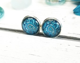 Blue Paisley Stud Earrings, Stainless Steel, Blue Paisley Earrings, Blue Stud Earrings, Blue Paisley Studs, Hypoallergenic, Blue