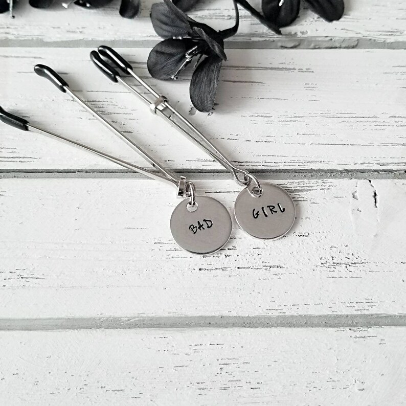 Bad Girl Nipple Clamps Handstamped Adjustable Tweezer Clamp Submissive Jewelry Nipple Nipple Clamp BDSM Bobby Pin Clamp Bad Girl