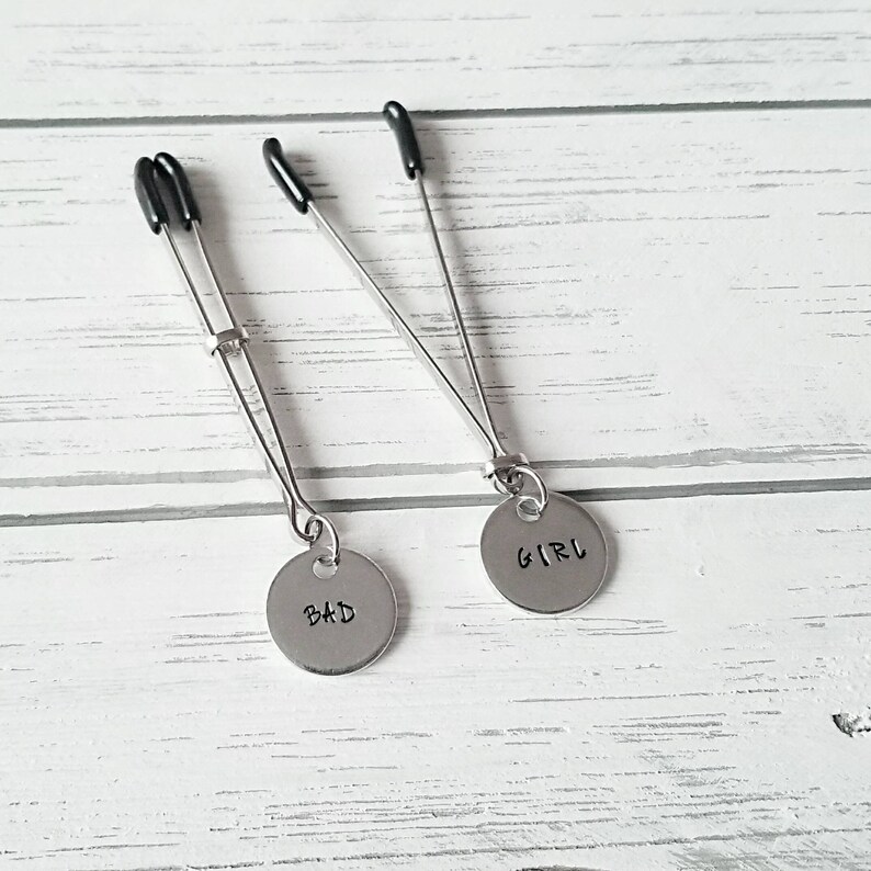Bad Girl Nipple Clamps Handstamped Adjustable Tweezer Clamp Submissive Jewelry Nipple Nipple Clamp BDSM Bobby Pin Clamp Bad Girl